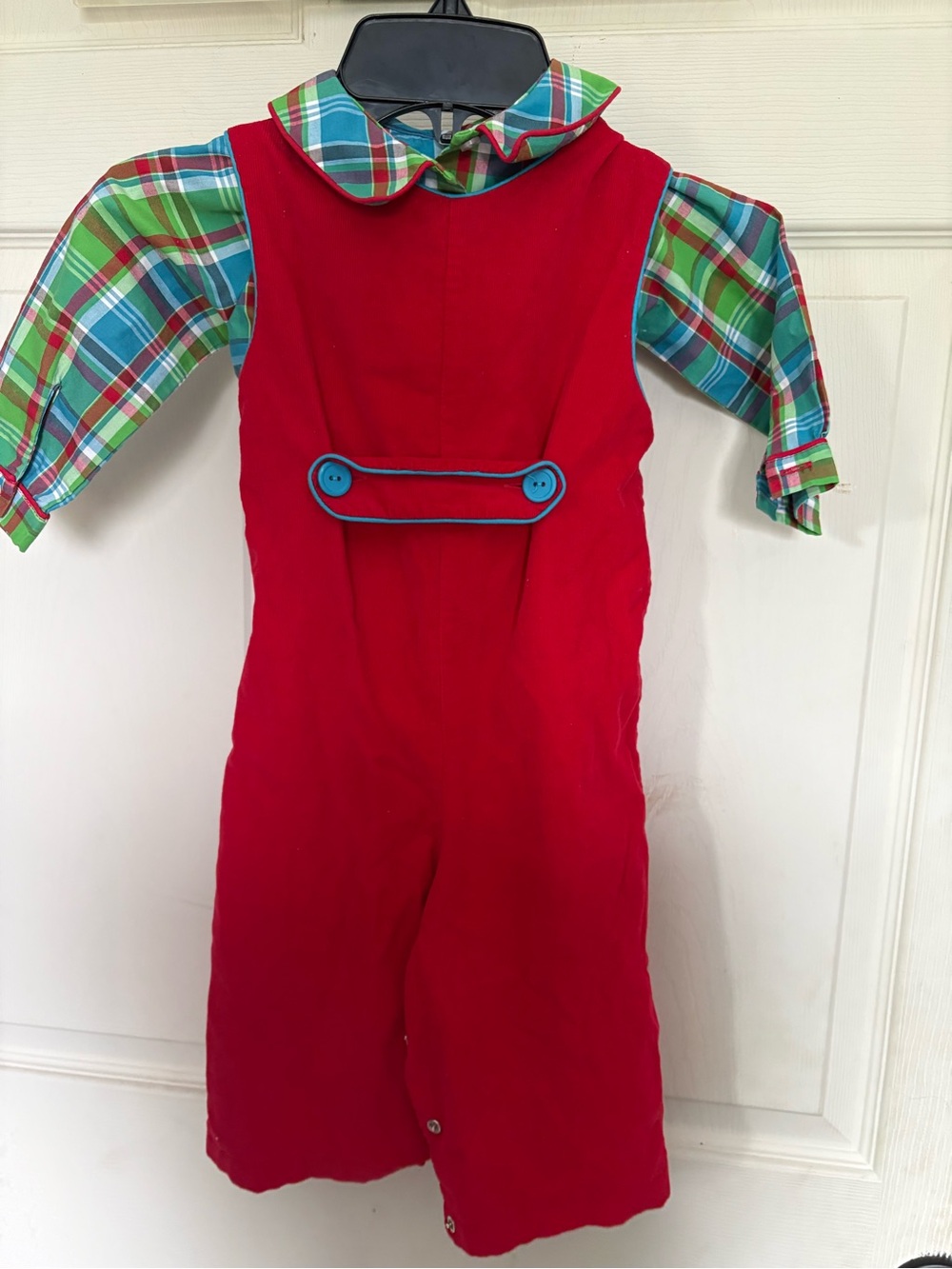 Kelly’s Kids Red Corduroy Romper with Plaid Shirt